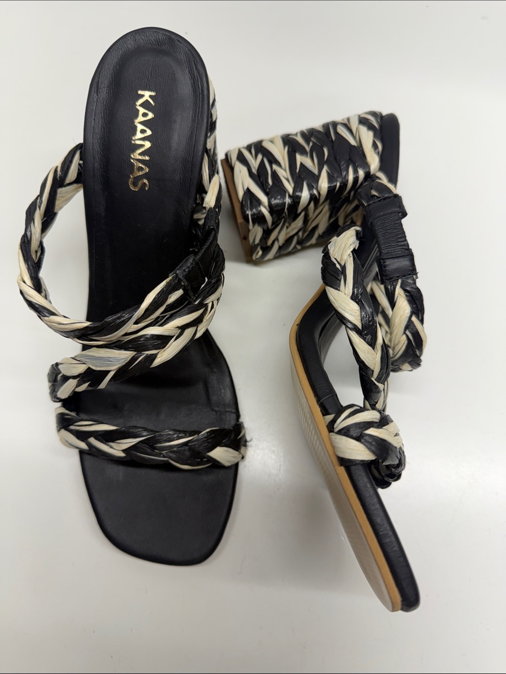 Kaanas Nusa Heels High Heel Sandals Shoes Open Toe Braided Black White Size 7